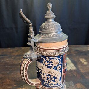 Vintage German Ceramic + Pewter Beer Stein "In Freud u. Leid Trink Allezeit"